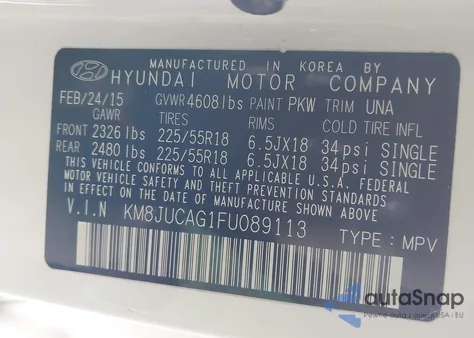 2015 Hyundai Tucson Limited z USA, uszkodzony, nr VIN KM8JUCAG1FU089113